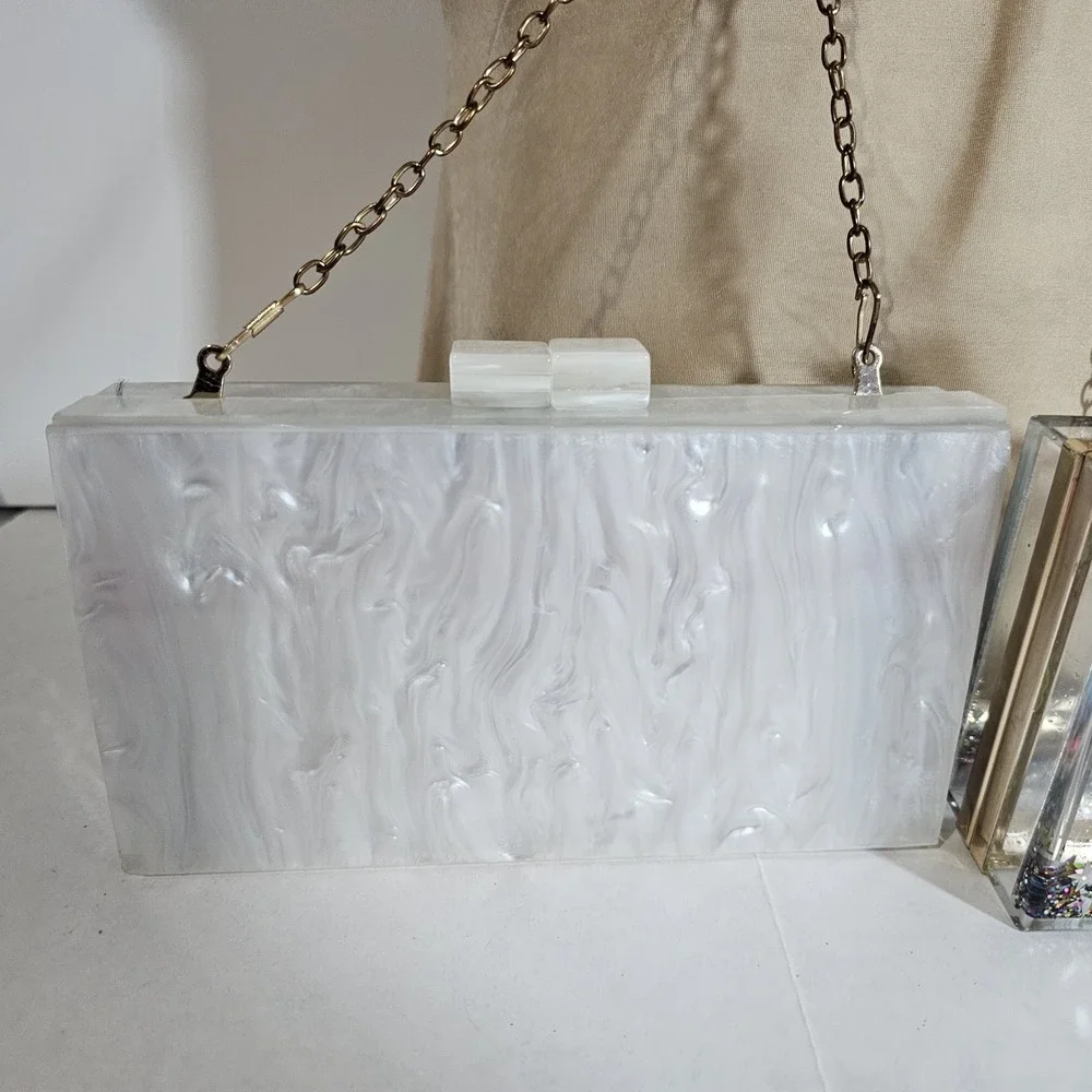 Lot 2 White Acrylic Purse Blue Evil Eye & Glitter Bomb Chain Shoulderbag Clutch